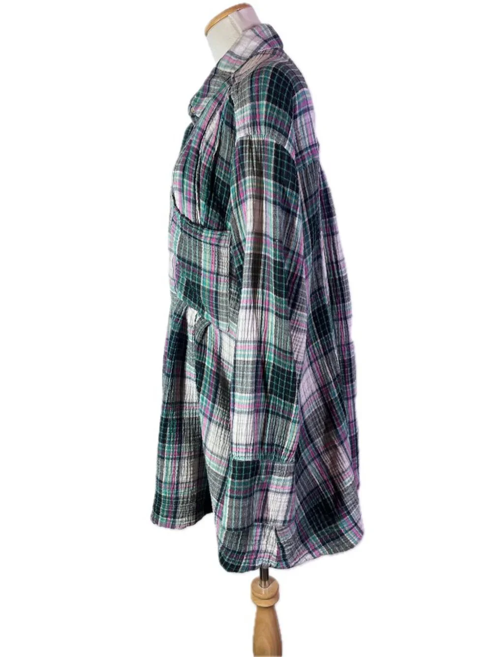Free People XL The Voyage Shirt Dress Gauze Plaid Button-Up Long Sleeve Pockets